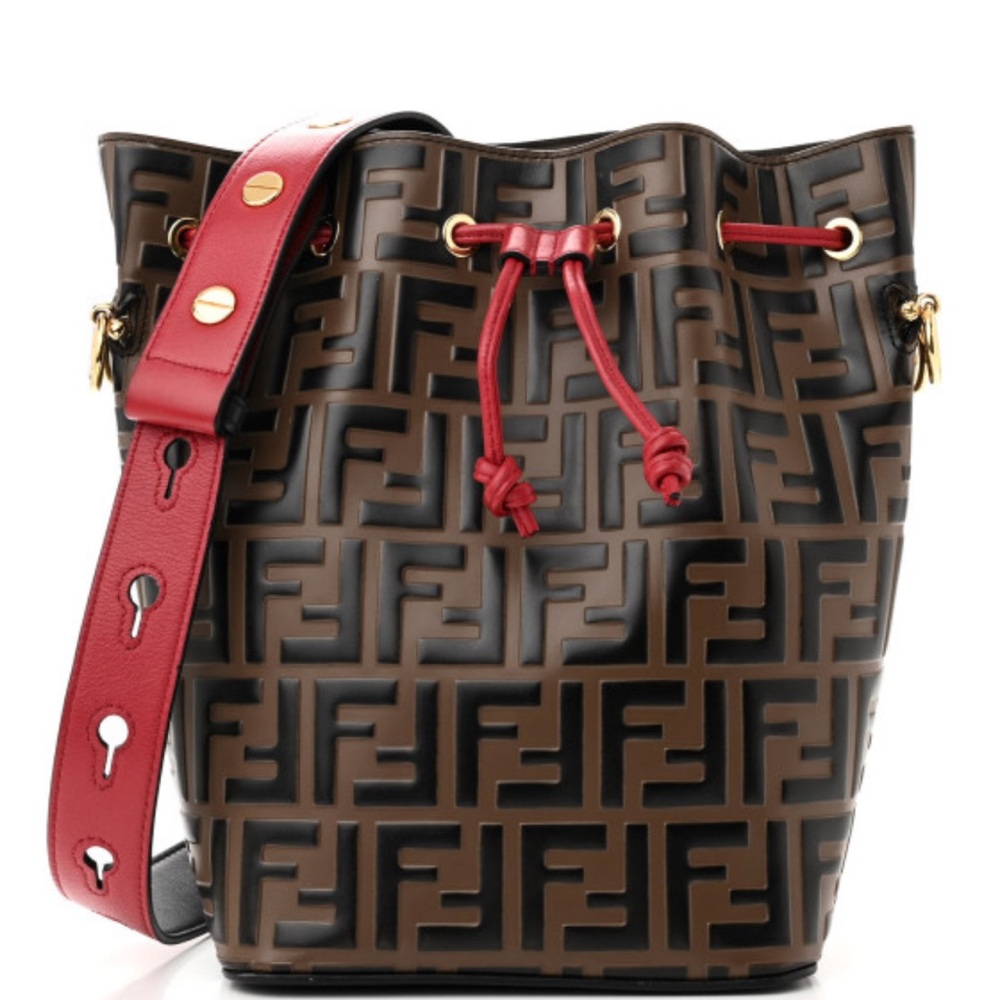 SOLD!!! Fendi Brown and Red Shoulder Bag with Monogram Pattern and Drawstring.